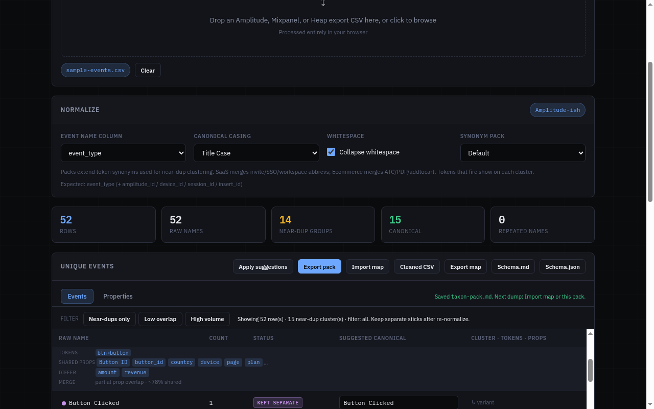 Taxon Export pack control with saved pack status