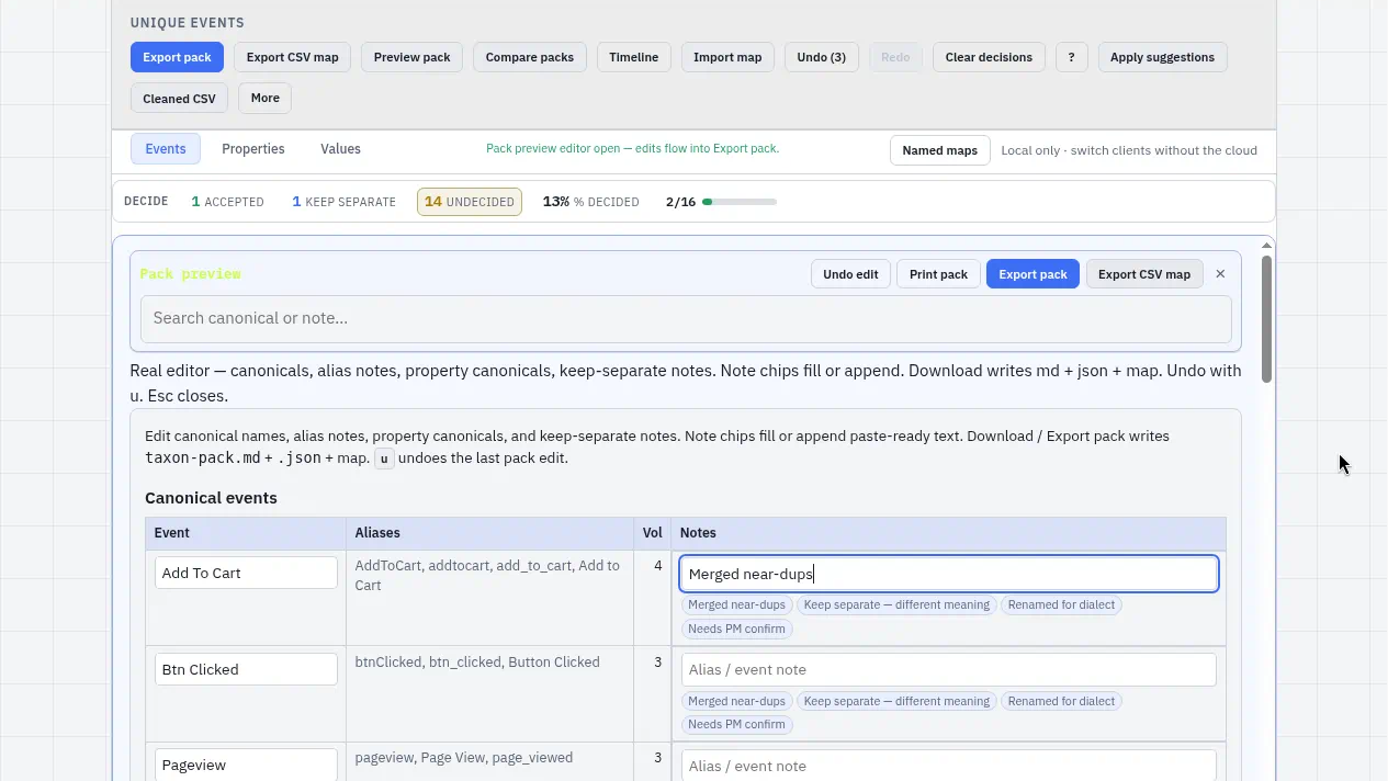 Taxon pack preview editor on the bundled sample: canonical events with their aliases and volume, a note being typed under Add To Cart, and note chips including Renamed for dialect